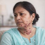 Woman holding HPV self-sampling kit for cervical cancer screening at home