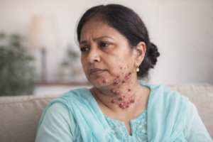 Woman holding HPV self-sampling kit for cervical cancer screening at home