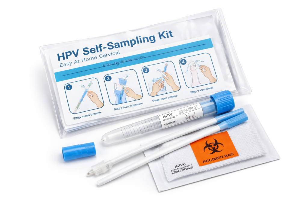 Woman holding HPV self-sampling kit for cervical cancer screening at home