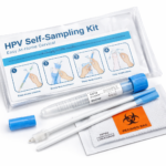 Woman holding HPV self-sampling kit for cervical cancer screening at home