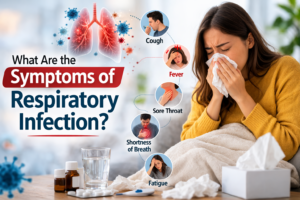 symptoms of respiratory infection — diagram showing cough, fever, sore throat, and breathing difficulty"