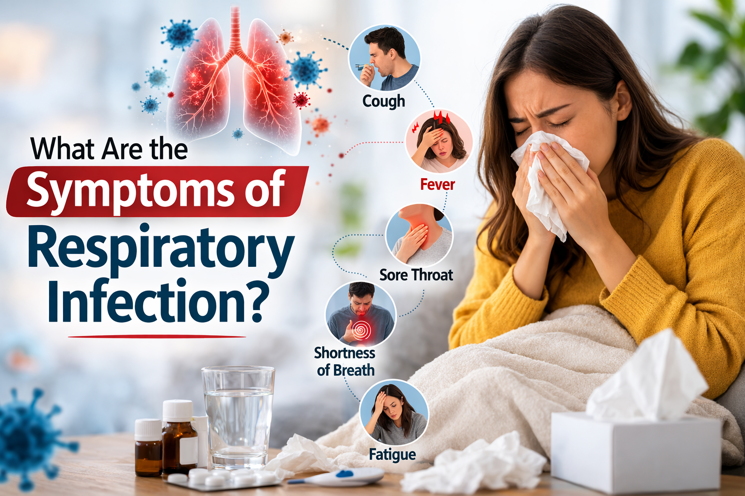 symptoms of respiratory infection — diagram showing cough, fever, sore throat, and breathing difficulty"