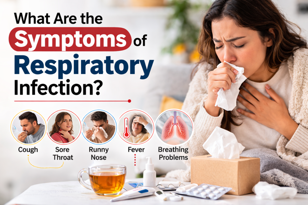 symptoms of respiratory infection — diagram showing cough, fever, sore throat, and breathing difficulty"