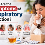 symptoms of respiratory infection — diagram showing cough, fever, sore throat, and breathing difficulty"