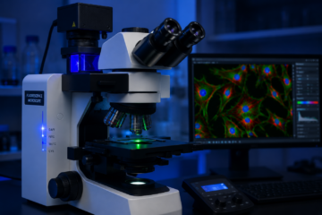 Fluorescence microscope used in laboratory for cell and tissue imaging