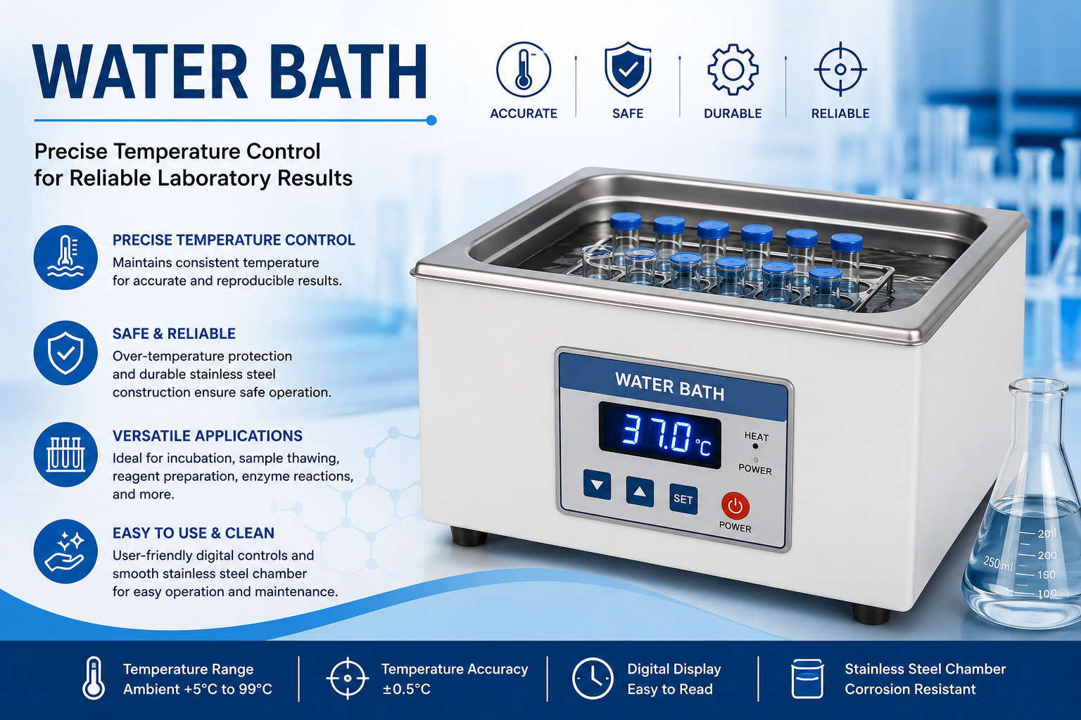 Laboratory waterbath with digital temperature control used for sample heating