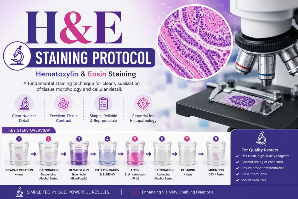 Histology technician performing H&E staining protocol on tissue slides in a laboratory"