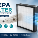Cross-section diagram of a HEPA filter showing pleated fiberglass media trapping airborne particles.