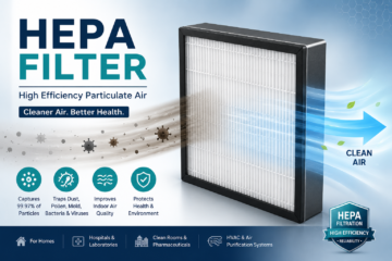 Cross-section diagram of a HEPA filter showing pleated fiberglass media trapping airborne particles.