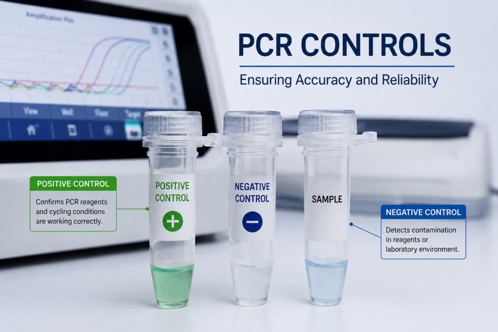"Laboratory technician loading PCR positive and negative control samples alongside patient samples into a PCR plate"