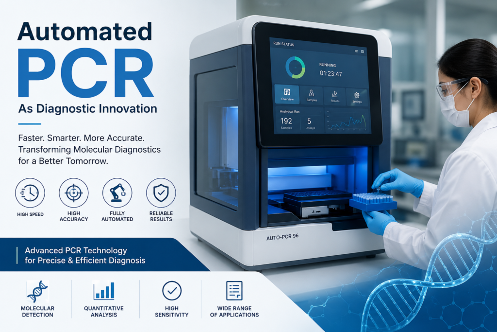 Automated PCR system processing patient samples in a molecular diagnostics laboratory