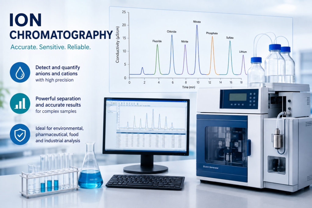 "Ion chromatography instrument analyzing water sample for anion and cation content in a laboratory"