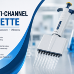 Multichannel pipette dispensing liquid into a 96-well microplate in a laboratory