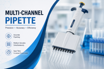 Multichannel pipette dispensing liquid into a 96-well microplate in a laboratory
